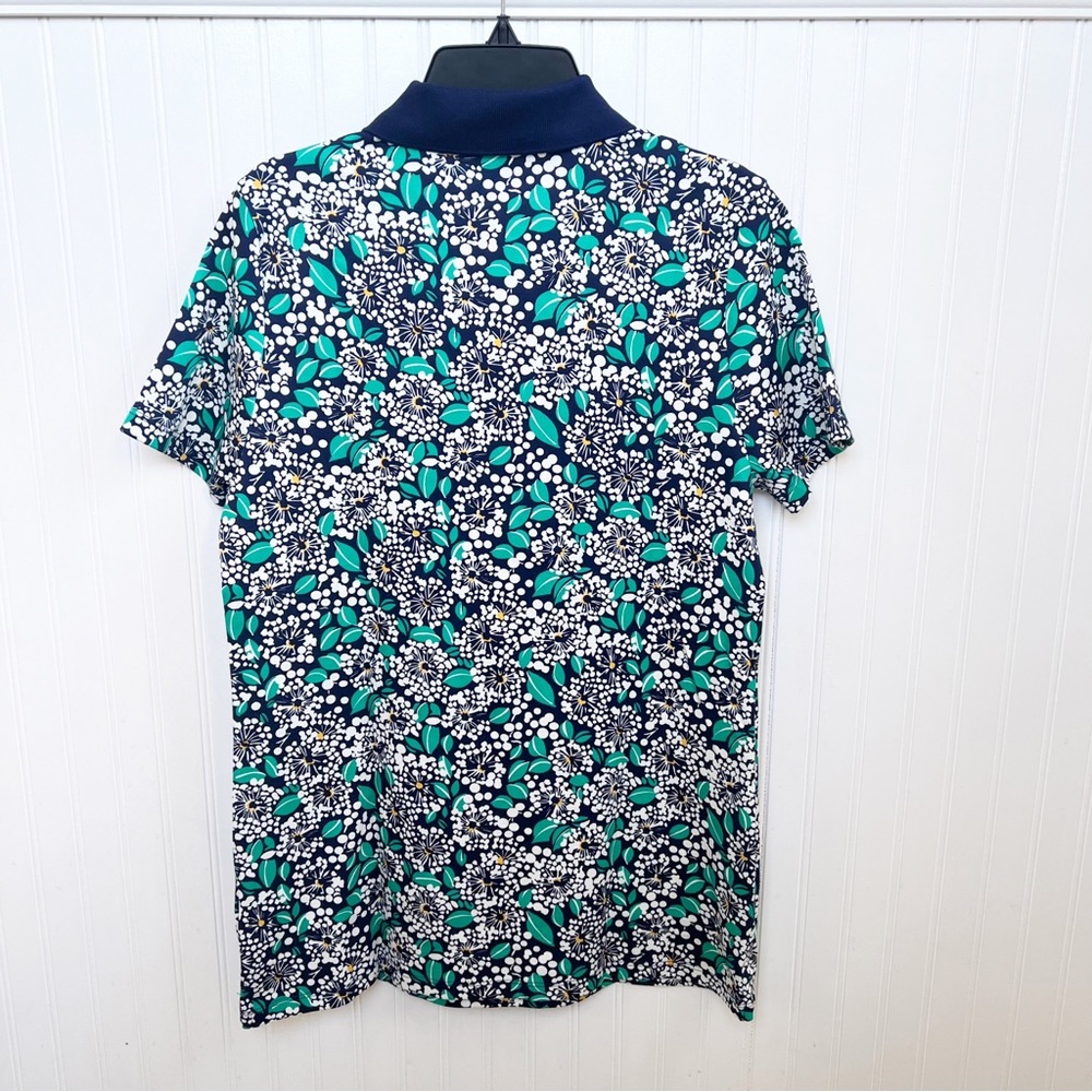Lands’ End Navy Blue, Green, White Dandelion Print Short Sleeve Polo Small Tall - Picture 2 of 5